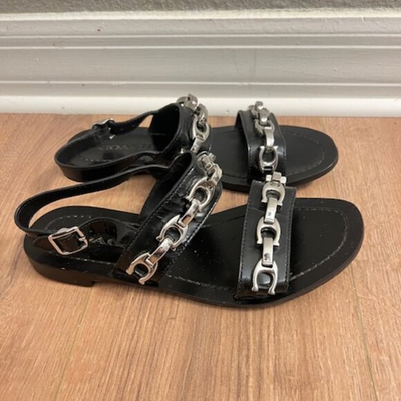 Coach “Eden” Metallic Logo Link Leather Sandals Size 6 - Picture 2 of 6